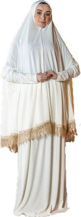 Generic Womens Prayer Dress 2 Pieces Lycra Solid Color Plus Long Sleeve | One-Size | Hijab Abaya Suit, Off-white, One Size