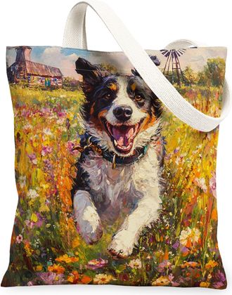 Generic Spring Border Collie Dog Canvas Tote Bag for Shopping 13x15, Country Garden Puppy Reusable Grocery Print Pattern Bag for Women, Fun Flower Pet Beach A