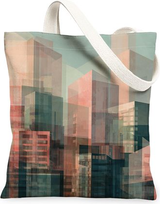 Generic Geometric Canvas Tote Bags, Cityscape Pattern Reusable Grocery Bags, Spring Modern Lightweight Washable Shoulder Strap Canv, Multicolor, 13x15 Inch