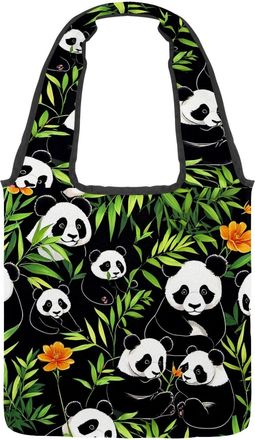 Generic Cute Cartoon Panda Reversible Canvas Shoulder Tote - Double-Sided Print, 12oz Cotton, 27cm Drop, Fold-Flat Bag for Travel, Shopping, Street Outings