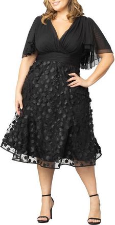 Kiyonna Pretty Petals Flutter Sleeve Cocktail Dress in Onyx Blossoms at Nordstrom, Size 0X