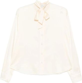Forte_Forte Stretch Zijde Satijn Strikblouse - Dames - Blouses - Wit - M - Satijn - Overhemden