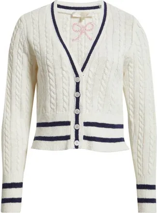 LoveShackFancy Evabella Crop Cotton & Linen Cable Cardigan in Seaspray Ivory at Nordstrom, Size X-Large