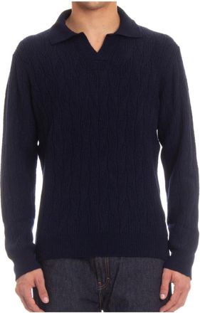 Drumohr Blauwe Trui met Geribbelde Details - Heren - V-hals truien - Blauw - XL - Wol - Truien & Vesten
