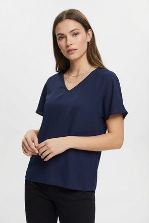 Only Carmakoma Shirtbluse ONLY CARMAKOMA CARMETTA LIFE V-NECK SS TOP WVN NOOS, Damen, Gr. 42, naval academy, Jersey, Obermaterial: 100% Polyester, unifarben, regular