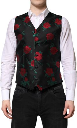 Dolce & Gabbana Red Floral Brocade Vest - Black