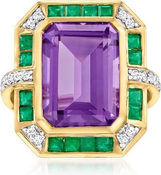 Ross-Simons Amethyst,. Emerald and. Diamond Ring in 14kt Yellow Gold