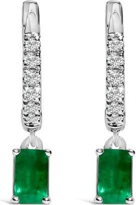 House of Brilliance 10K White Gold Oval Green Emerald and 1/8 Ct Diamond Drop Earrings at Nordstrom