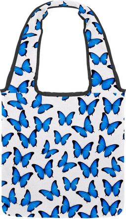 Generic Blue Butterfly Pattern Reversible Canvas Shoulder Tote - Double-Sided Print, 12oz Cotton, 27cm Drop, Fold-Flat Bag for Travel, Shopping, Street Outing