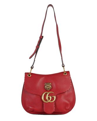 Gucci Red Leather Cellarius Feline Gg Marmont Flap Shoulder Bag (Authentic Pre-Loved)