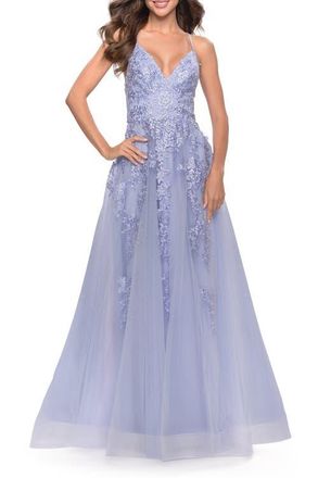 La Femme Tulle Prom Dress with Floral Detail and Side Slit in Light Periwinkle at Nordstrom, Size 10
