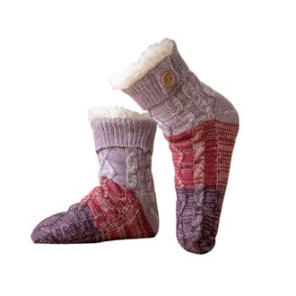 Generic Knitted Ultra-thick Slipper Home Socks, Tri-color Patchwork Cashmere Calf-Length Sock with Non-Slip Grippers for Women, Fluffy Fleece Lining for Warm 