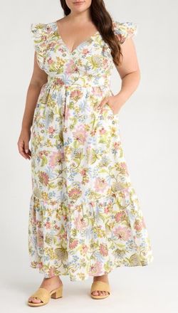 Sugarlips Pany Floral Mawar Ruffle Sleeve Cotton Maxi Dress in Ivory/Pink/Green/Blue at Nordstrom, Size 1 X
