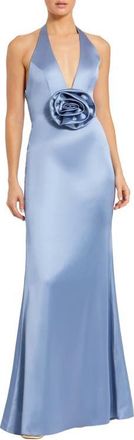 Mac Duggal Fitted Satin Sleeveless Halter Gown With 3D Flower in Slate Blue at Nordstrom, Size 12