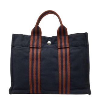 Herm&egrave;s Brown Navy Cotton Handbag Tote Bag (Pre-Owned)