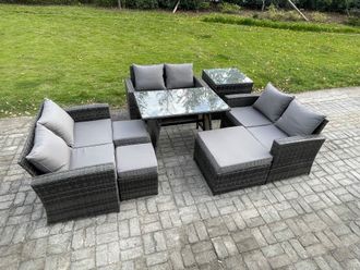 Fimous Outdoor Lounge Sofa Set Wicker PE Rattan Garden Furniture Set with Rectangular Dining Table 2 Seat Sofa Side Table in Dark Grey