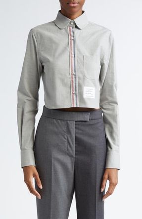 Thom Browne Classic Crop Cotton Button-Up Shirt in Medium Grey at Nordstrom, Size 4 Us