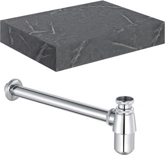 Signature Grove Wall Hung Basin Shelf with Chrome Bottle Trap 600mm Wide - Grey Marble