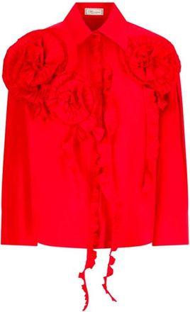 Blumarine Taffeta Blouse met 3D Rozen - Dames - Overhemden - Rood - S - Polyester - Overhemden