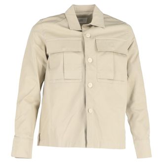 Ami Button-Down Long Sleeve Shirt with Pockets in Beige Cotton