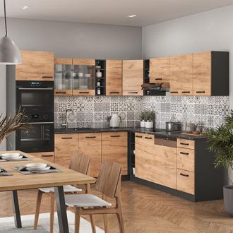 Vicco Cocina Esquinera R-line, Oro Power Roble/antracita, 237 X 60 Cm Sin Encimera