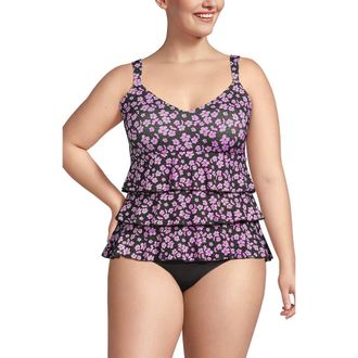 Lands End Smoothing Control Ruffle Fauxkini One Piece Swimsuit in Olive Green Pansy Floral at Nordstrom, Size 18W