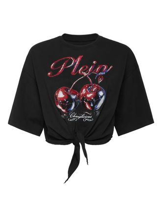 Philipp Plein Bow Cherry-print cropped T-Shirt - women - Cotton/glass - M - Black