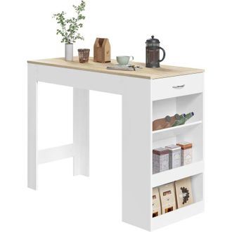 Woltu Woltu Mesa De Bar Blanca, 90 X 50 X 120 Cm Con 1 Caj&oacute;n Y 3 Estantes, Blanco Y Roble Claro