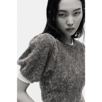 H&M Knitted Puff-sleeved Top in Gray Melange at Nordstrom, Size Xx-Large