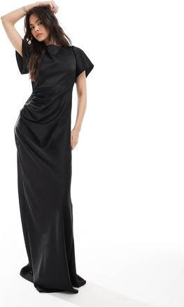 Six Stories Vestito lungo da damigella in raso nero con maniche con volant