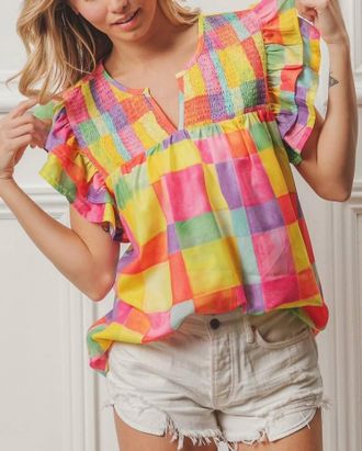 Bibi Brielle Multicolored Ruffled Top In Pink/yellow/blue