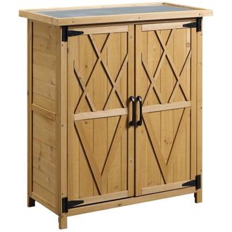 OUTSUNNY Armario De Exterior De Madera 0,24 M&sup2; 75x40x90 Cm Con 2 Puertas 4 Estantes Y Techo De Galvanizado Para Almacenamiento De Herramientas Natural