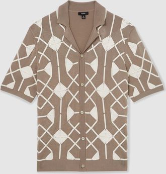 Reiss Taupe Brown Geometric Embroidery Knit Shirt, M