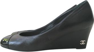 Chanel Black Leather Patent Cap-Toe Wedges Size 38