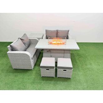 Fimous 6 Seater Outdoor Love Sofa Set Rattan Garden Furniture Set with Firepit Dining Table 2 Small Stools Side Table Light Grey - Fimous