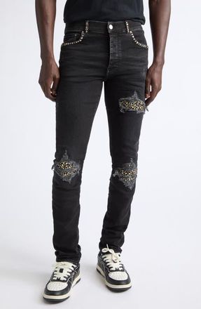 Amiri MX1 Studded Patch Ripped Skinny Jeans in Vintage Black at Nordstrom, Size 31