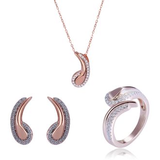 Orphelia Womens Ladies Embellished Tilou 925 Sterling Silver Set: Necklace + Earrings + Ring - and Rose Gold, Size: L - Size L
