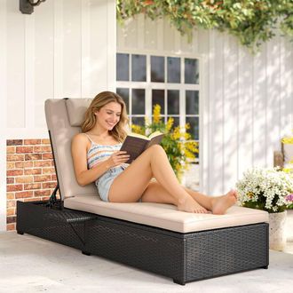 OUTSUNNY Outdoor PE Rattan Lounger Cushion, 5-Level Reclining Sun Lounger in Black