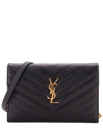 Saint Laurent Black Matelasse Chevron Leather Classic Monogram Wallet On Chain Small (Authentic Pre-Loved)