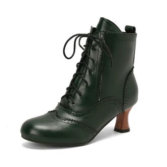 Generic Womens 5.5cm Kitten Heel Brogue Ankle Boots with Lace-Up,Vintage-Style,Green,1.5 UK
