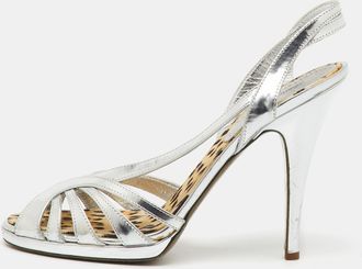 Roberto Cavalli Silver Metallic Leather Strappy Slingback Sandals