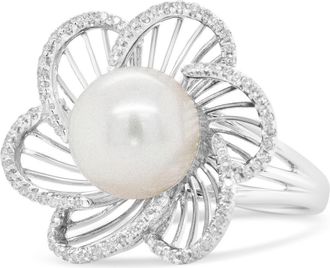House of Brilliance 14K White Gold 11mm Pearl and 1/3 Cttw Diamond Openwork Flower Blossom Ring at Nordstrom, Size 7