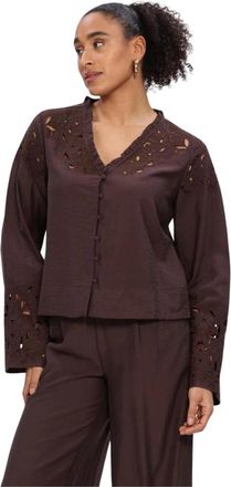 Object Object - Objlisa YUI L/S RE V-Neck Top - Dames - Blouses & Shirts - Bruin - Maat: XS Viscose