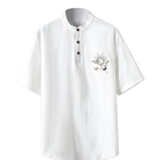 Generic Mens Cotton Linen Shirts, Regular Fit Short Sleeve Embroidered Shirt Tops, Summer Casual Button Lapel Collar Shirts, Lightweight Fashion Solid Color P