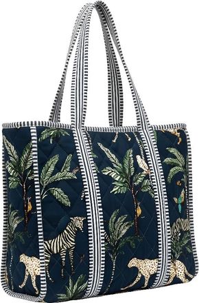 Generic Handmade Quilted Tote Bag-Navy Blue Jungle Print, Cotton Shoulder Bag with Striped Handles, Boho Travel & Shopping Bag