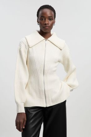 Karen Millen Womens Cable Knit Balloon Sleeve Peplum Zip Through Cardigan - White Viscose - Size X-Small