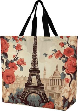 Generic Paris Vintage Flower Grocery Bag Handle Shopping Bag Large Capacity Handbags For Work College Daily Use