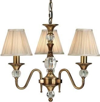 Loops Diana Ceiling Pendant Chandelier Antique Brass & Beige Pleat Shade 3 Lamp Light
