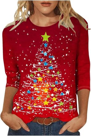 Generic Womens Christmas Tops Women Christmas Tree Print Xmas T-Shirts Plus Size Novelty Funny 3/4 Sleeve Elf Santa Print Reindeer Graphic Blouse Ugly Tee Shi