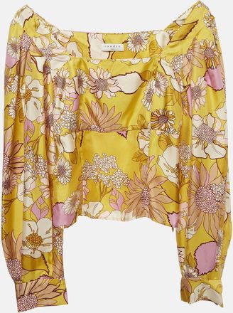 Sandro Yellow Floral Print Satin Square Neck Zip Up Blouse